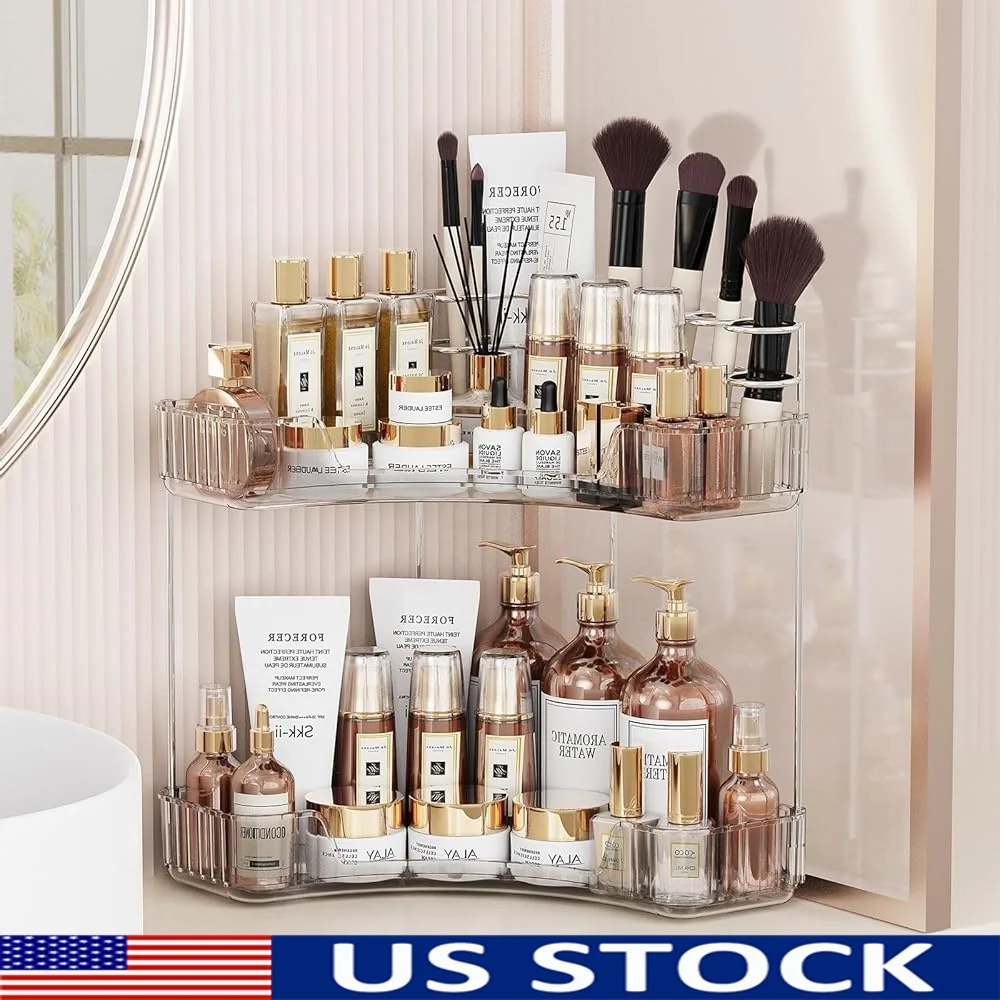 

2-Tier Corner Bathroom Organizer with Brush Holder Skincare Makeup Storage Space Saving Shelf Home and Vanity Countertop