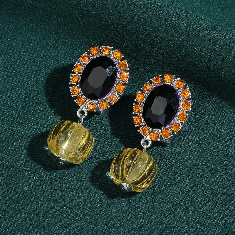 Vintage Large Yellow Pumpkin Earrings Drop Orange Crystal Rhinestone Woman Elegant Jewelry Luxury Party Trends 2026 High Quality
