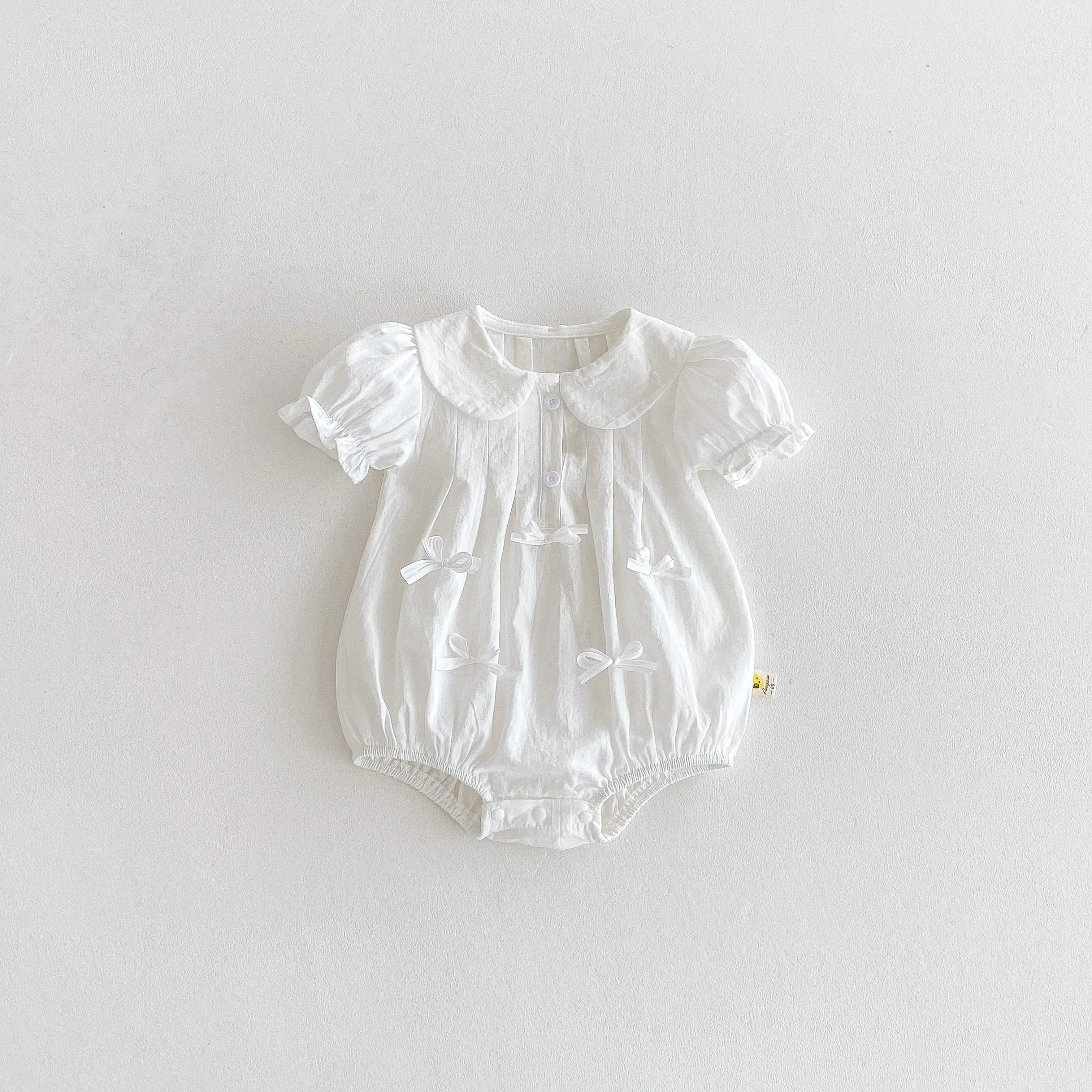 فستان صيفي للفتيات الصغيرات بأكمام قصيرة وطية صدر السترة مثلث من قطعة واحدة مع بدلة تسلق لطيفة على شكل فيونكة #4