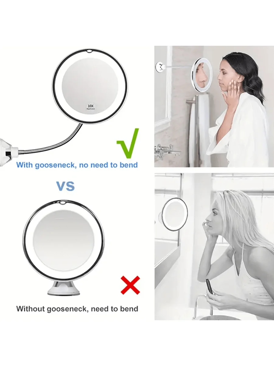 Flexibler 10-fach vergrößerter Make-up-Spiegel mit LED-Beleuchtung, Saugnapf mit Tageslicht- und Graddrehfunktion, tragbar für