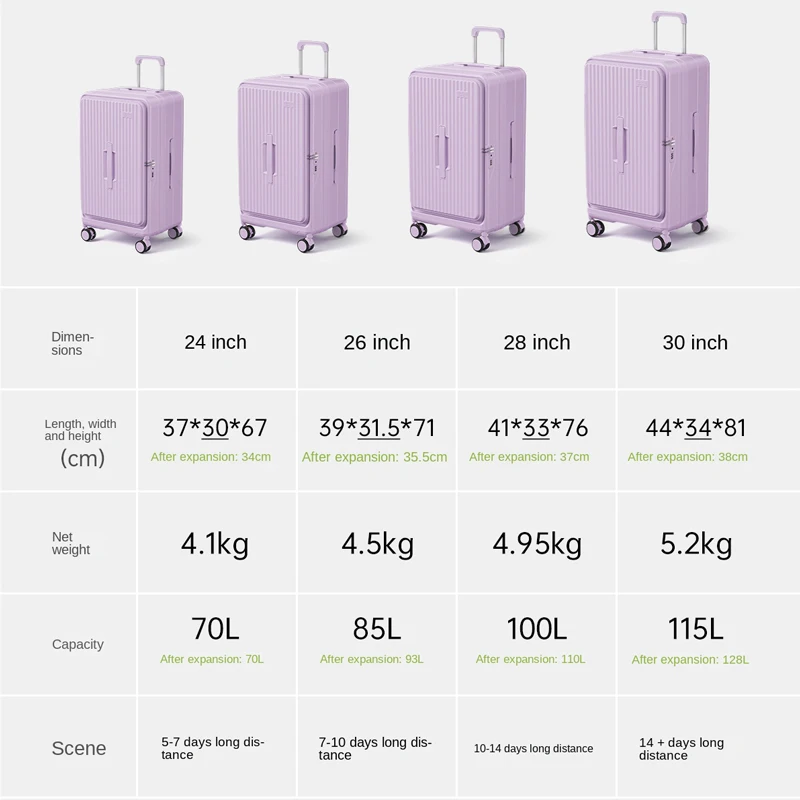 الجانب فتح غطاء سعة كبيرة حقيبة سفر خفيفة الوزن نقية PC توسيع حقيبة تروللي بعجلات 24/26/28/30 بوصة الأمتعة جودة عالية #6