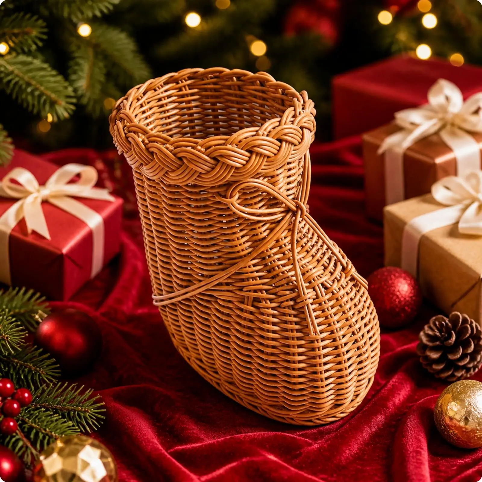 Woven Decorative Basket Brown PE Rattan Storage Basket for Home Shelf Decor Gift Holiday Party Favor Organizer