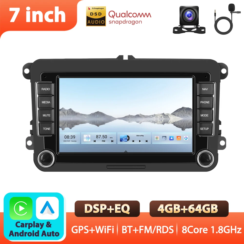 Podofo 7'' 6+128G autoradio voor VW/PASSAT/GOLF/POLO/BORA multimediaspeler WIFI Carplay Android Auto BT EQ Sound DSP autostereo