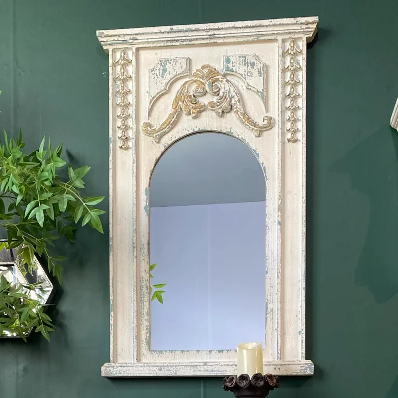 Shabby and Chic Wooden Framed Wall Mirror: French-Inspired Artistic Decor - 26.4” x 41.3