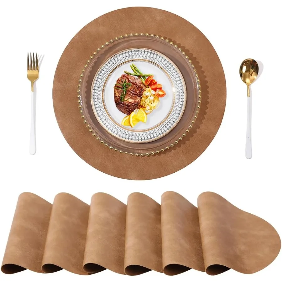 

UnivoColors PU Leather Placemats Set of 615 Inches Round Washed Cowhide Pattern Table Mats for Dining Table Kitchen Party Decor