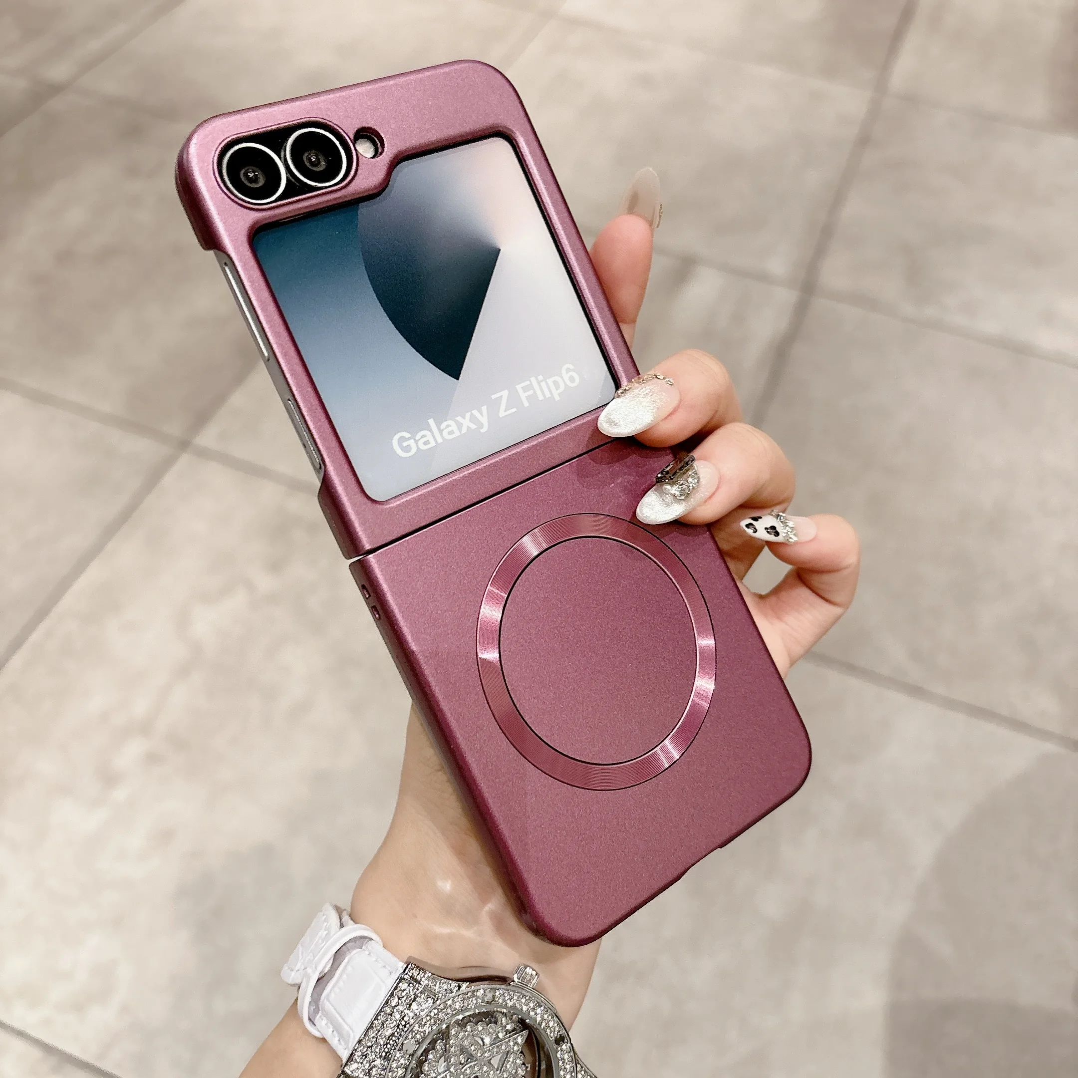 Ultra-Thin Metallic Solid Color Magnetic Fold Case for Samsung Z Flip 7/6/5/4/3for MagSafe Wireless Charging Shockproof PC Cover