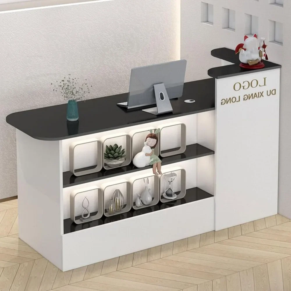 

Modern Reception Counter Desk, Front Desk Reception Room Table Retail Counter with Lockable Drawer & Open Shelf, Shopping Mall C