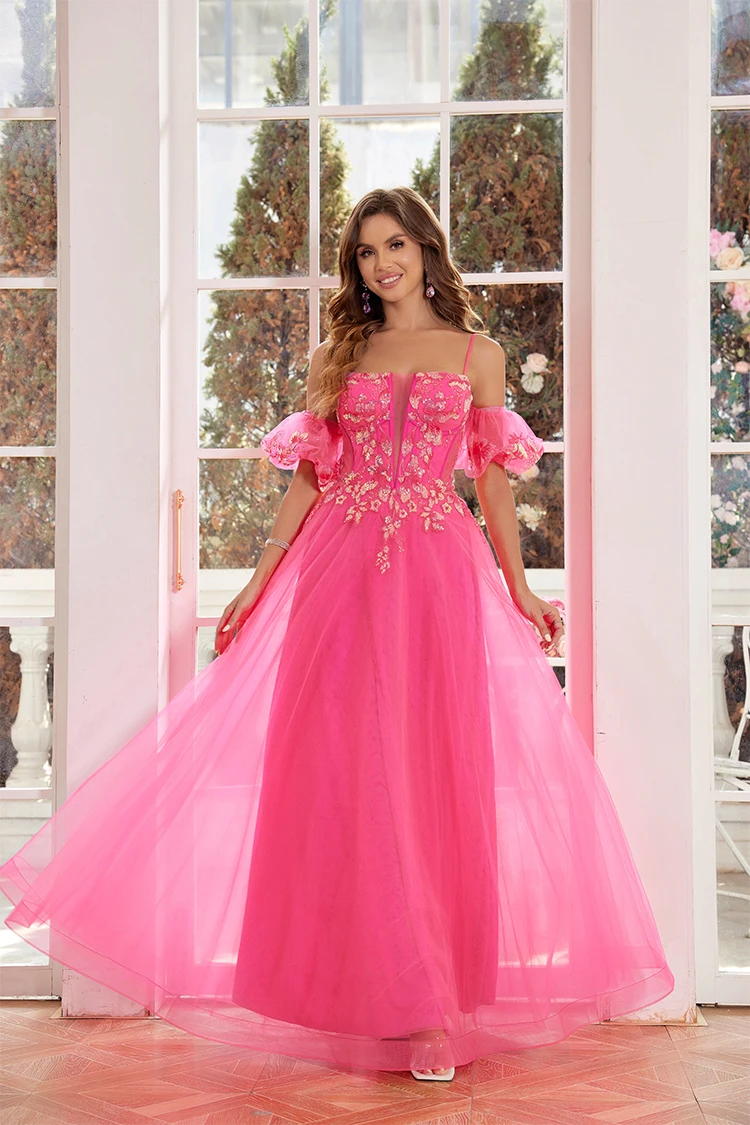 

Tulle Beaded Prom Dresses Puffy Sleeves Detachable 2024 Long Sparkly Evening Dresses Lace A Line Ball Gowns Homecoming Dress