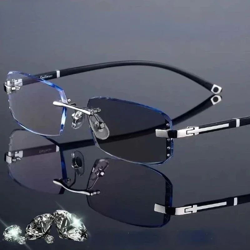 Luxury Outdoor Photochromic Reading Glasses Men Women UV Protection Far Sight Glasses Diamond Cut Rimless Presbyopia 0+1.0+4.0