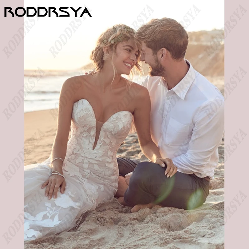 RODDRSYA Strapless zeemeermin trouwjurken voor vrouwen Elegante appliques bruidsjurk tule rugloze mouwloze vesten De Novia  Strapless zeemeermin trouwjurken voor vrouwen Elegante appliques bruidsjurk tule rugloze mouwl