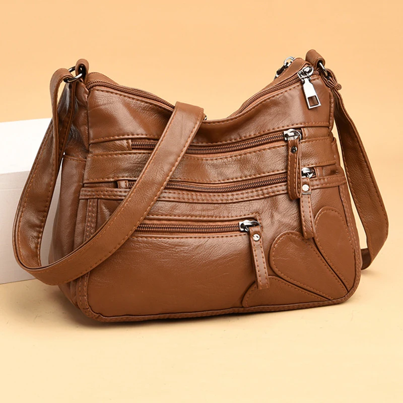 Bolso de hombro de cuero suave de alta calidad para mujer, bolso cruzado Vintage multicapa, bolso y monedero femenino de diseñador de lujo