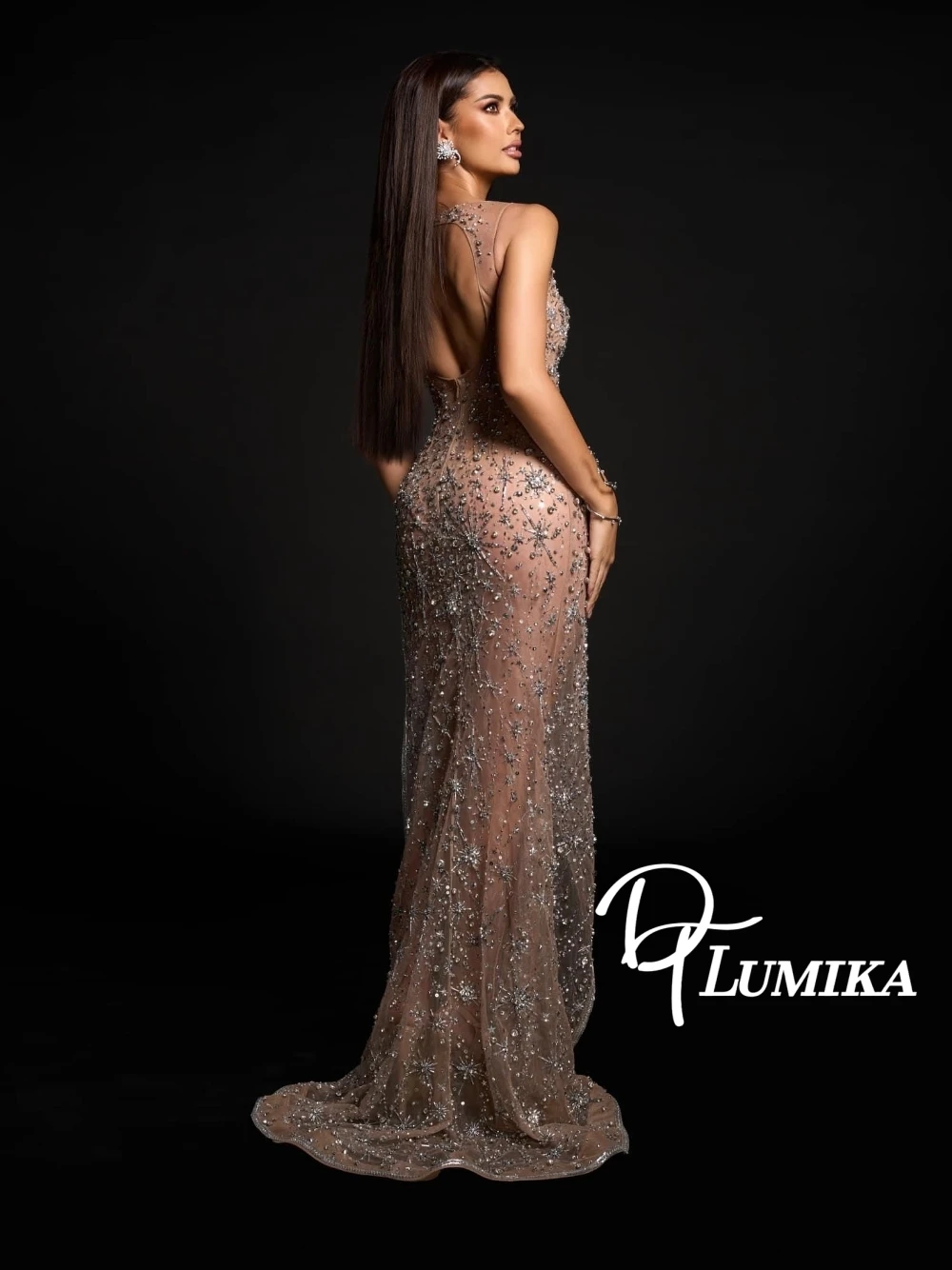 

Chic Open Back Dazzling Tulle Prom Dress Sexy High Slit Beaded Crystals Mermaid Dainty Sleeveless Evening Gown Customized