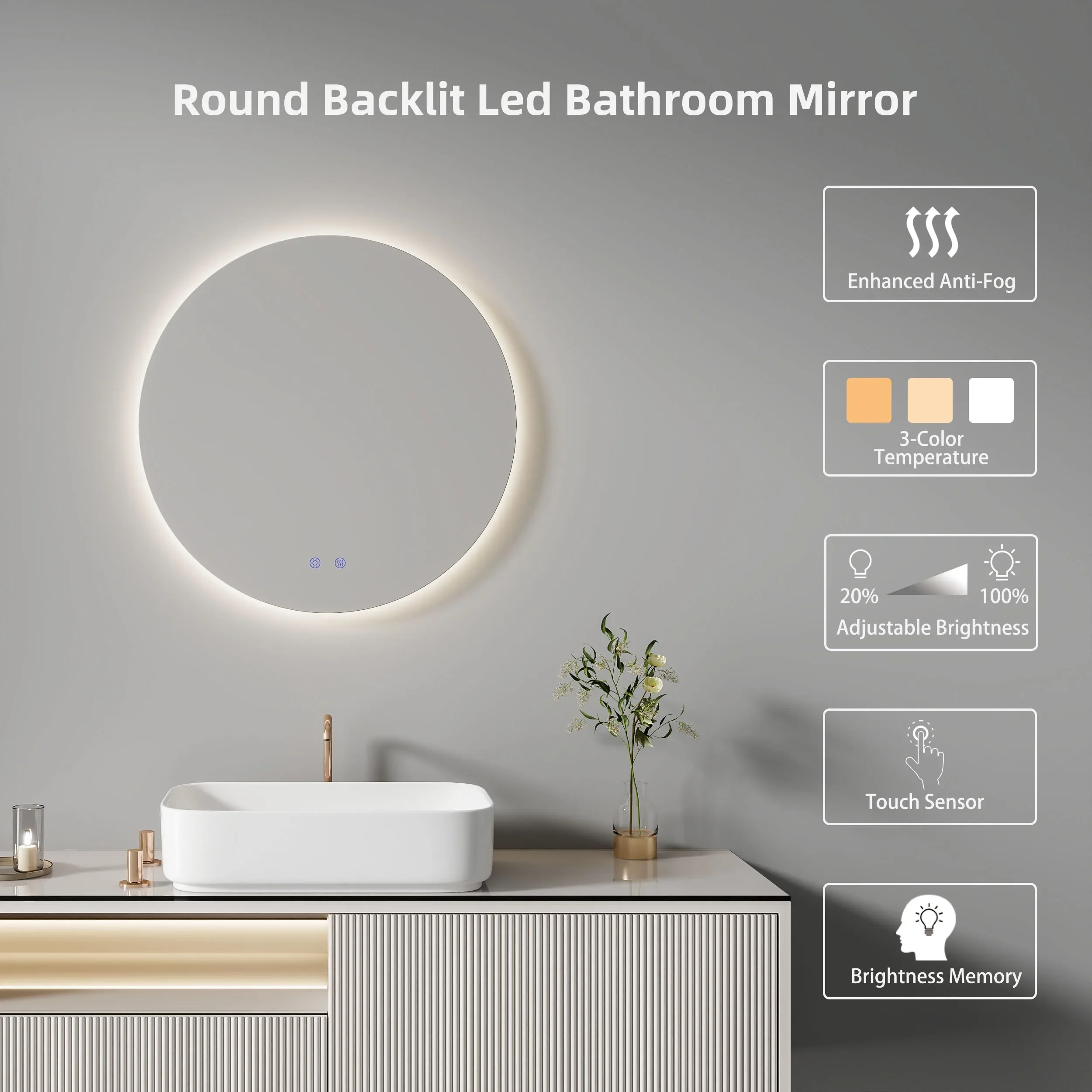 Stepless Dimmable Modern 24 Inch Backlit Silver Wall Mounted Lighted Vanity Mirror With Led Lights 600mm Round Bathroom Mirror