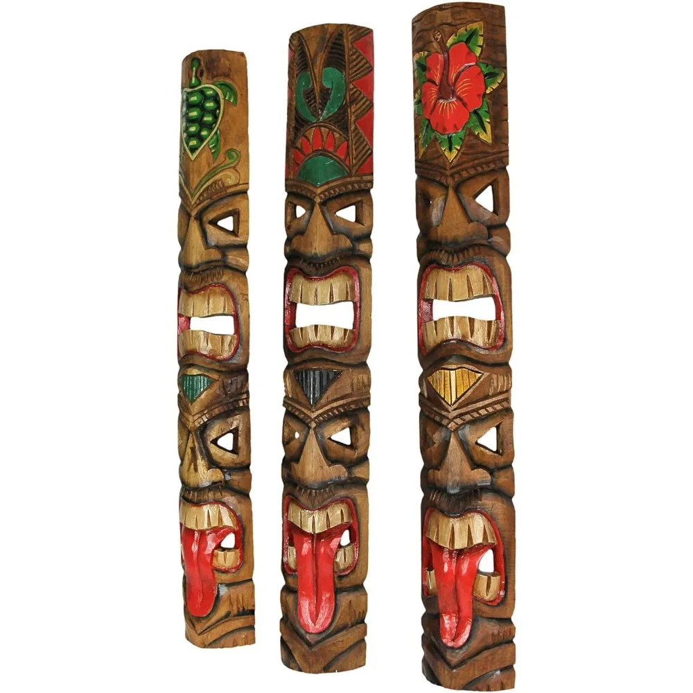 Set Van 5 Prachtige Met De Hand Gesneden Dubbele Tiki-Masker Totem Muursculpturen, 40 Inch Hoog, Gemaakt Van Duurzaam Hout