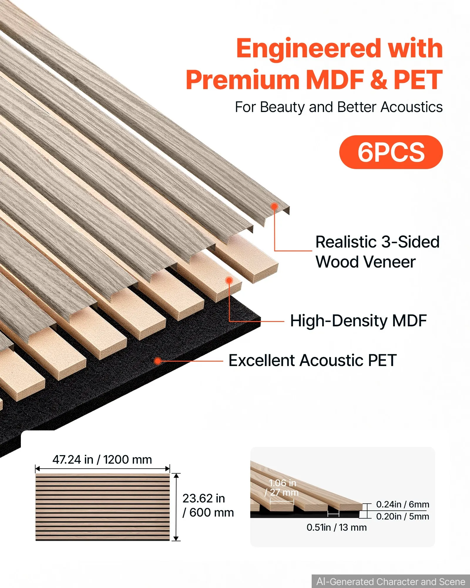 Wood Wall Panels, 47.2 x 23.6 inches, 6-Pack, Acoustic Slat Panels, Walnut, Sound Absorbing for Living Rooms, Bedrooms, Offices, Studios, Interior Wall Decor, MDF & PET Construction, Screw Kit