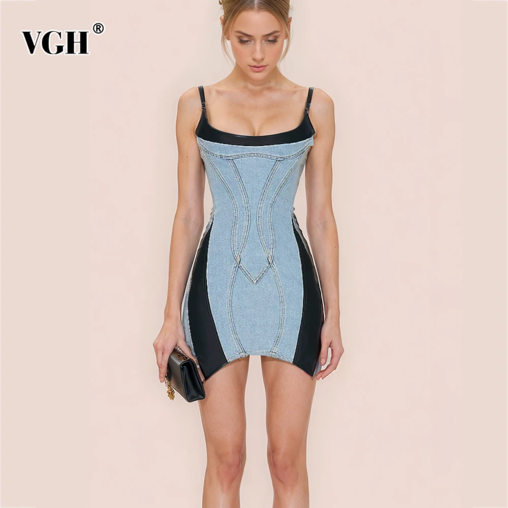 

VGH Colorblack Sexy Slimming Dresses For Women Square Collar Sleeveless Backless High Waist Mini Dress Female Fashion Style New