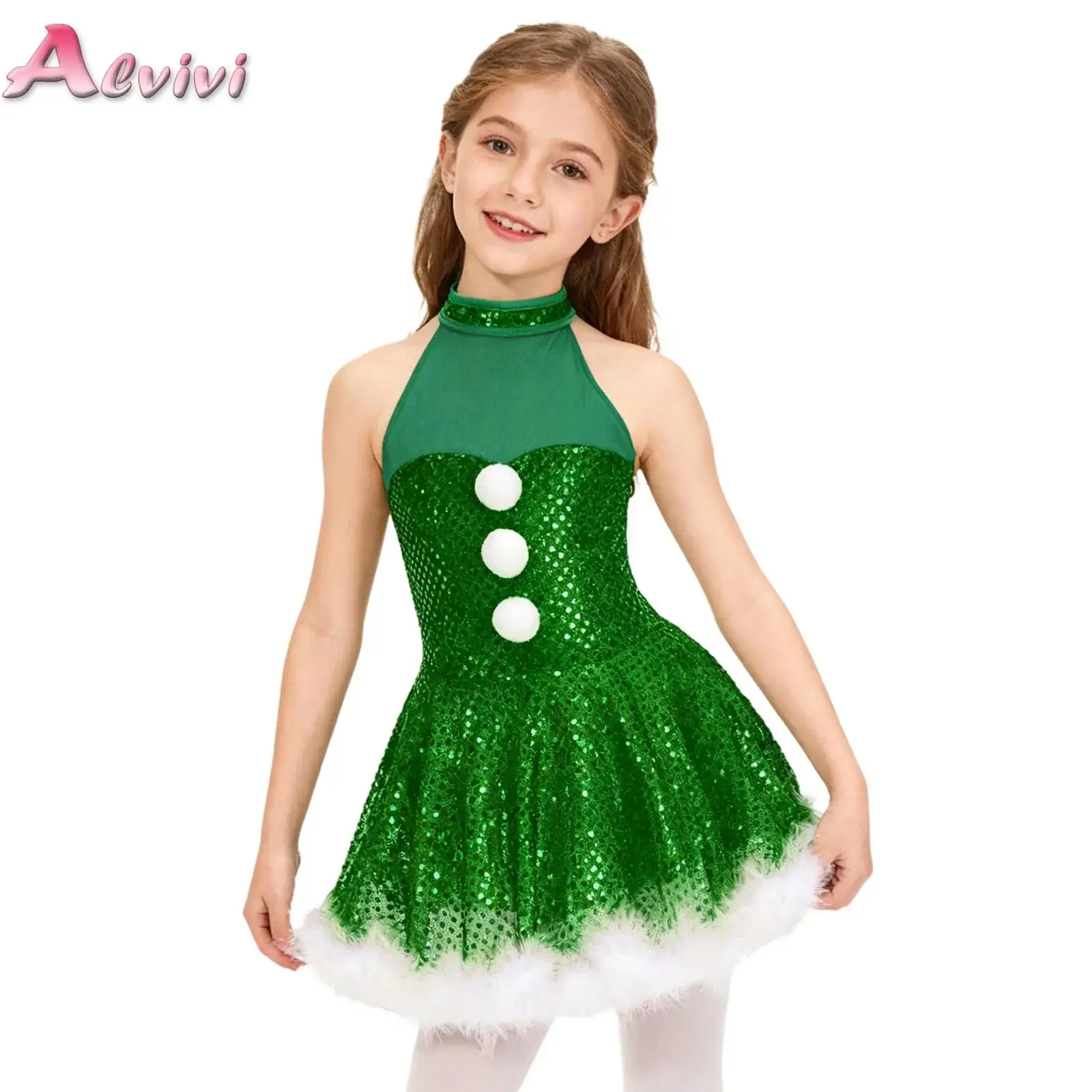 

Kids Girls Christmas Dresses Snowman Costume Dancewear Sleeveless Mesh Sequins Figure Ice Skating Roller Skating Twirling Dress