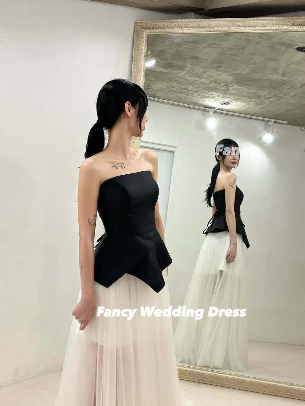 Fancy Simple Korea Strapless Wedding Party Engagement Dresses Soft Satin And Tulle Evening Dress Back Corset Customized