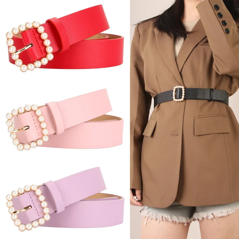 

Women's Pearl Belt Pu Square Buckle Point Pearl Sweet Elegant Ride Dress Decoration Belt Manufacturers Wholesale