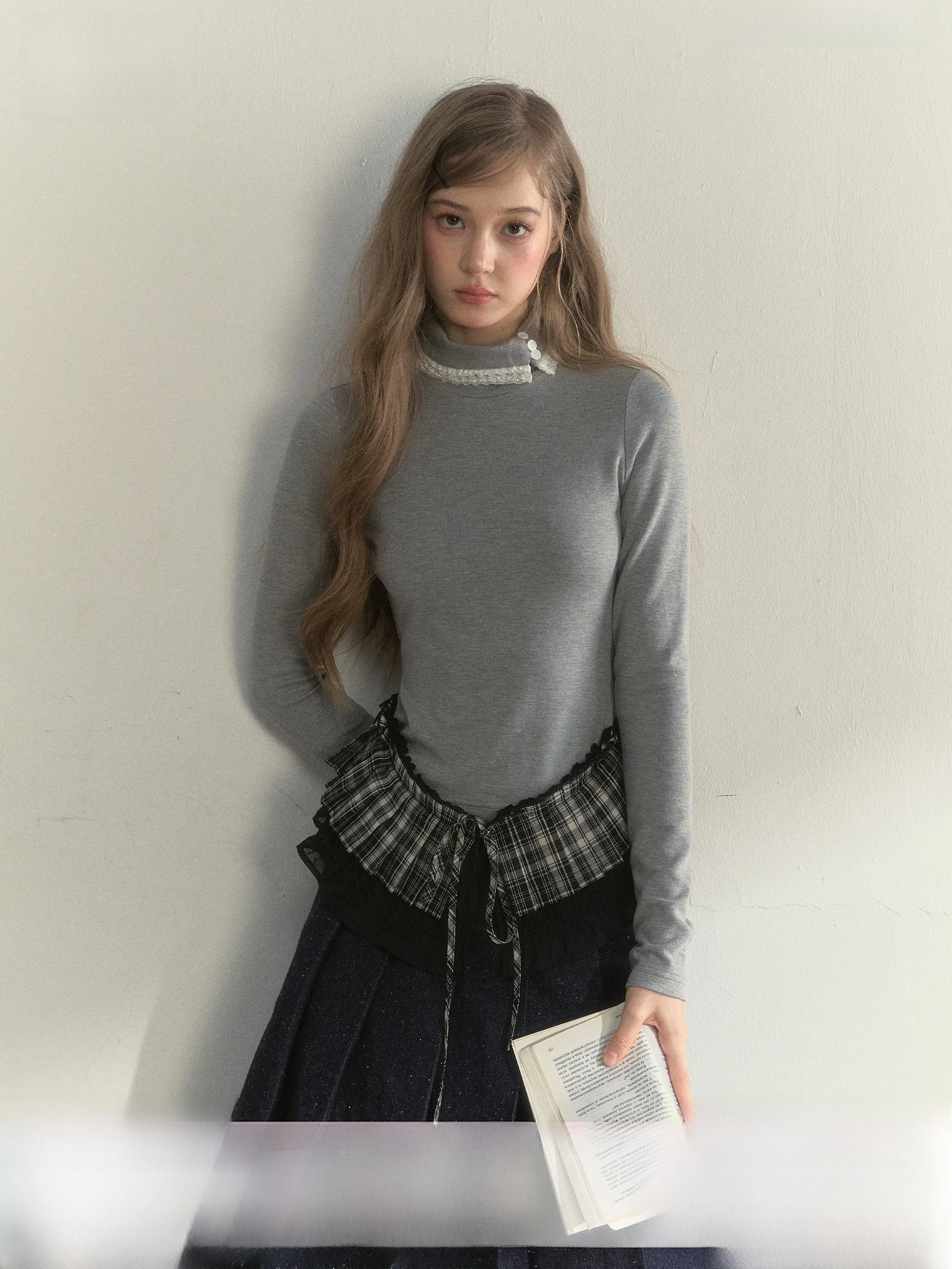 

SunsetPark Sunset Park Small High Collar Pleated Skirt Layering Comfortable Base Long Sve Top Women's Retro Sle Cotton B...