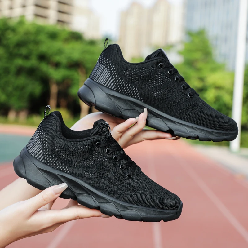

Women's Running Shoes Lightweight Soft Bottom Mesh Sports Work Shoes Breathable Versatile Black Flat Footwear