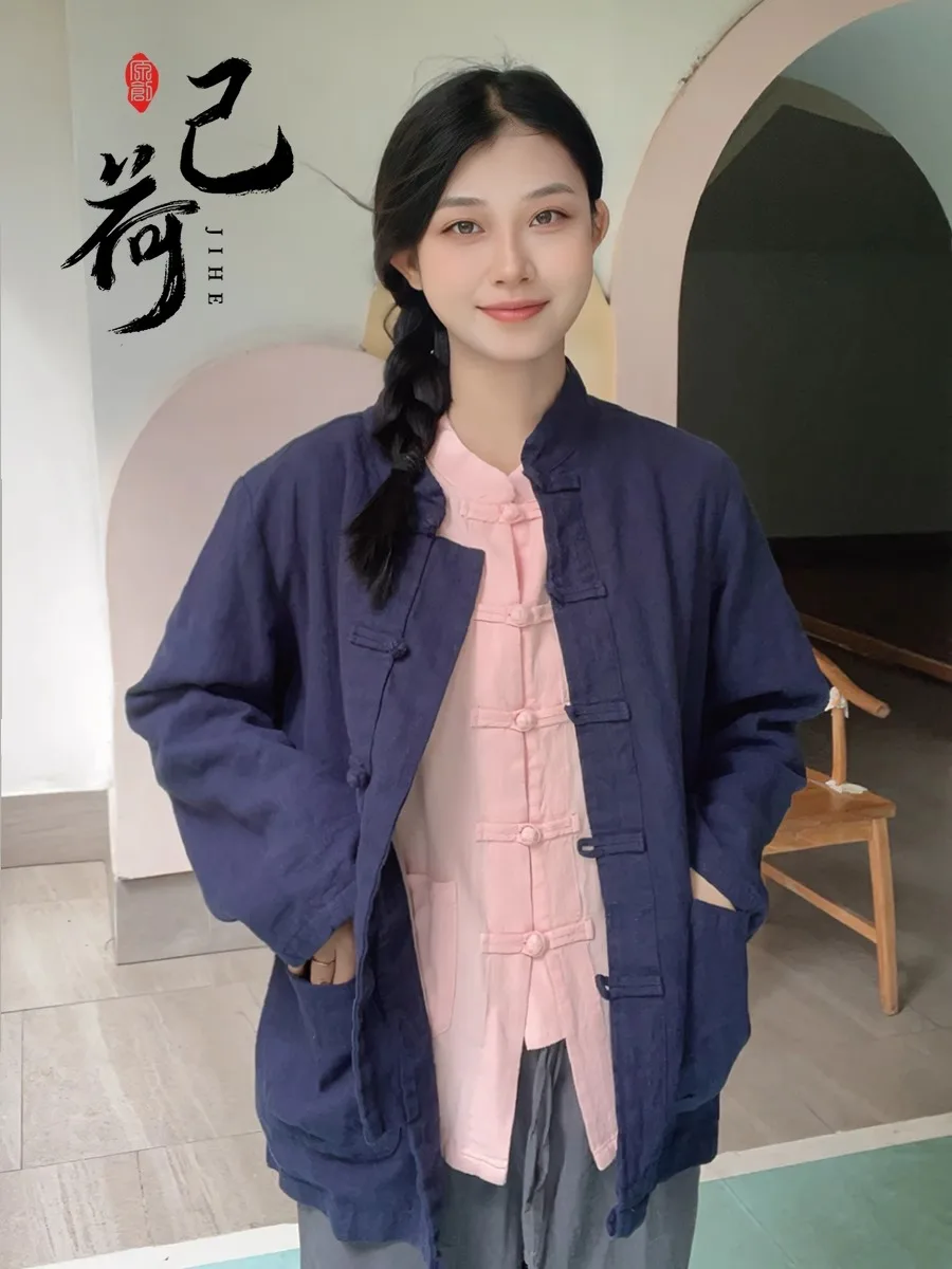 레트로 순색 롱 셔츠 버튼 달린 태극복 스타일 면 린넨 슬림핏 여성 비즈니스 캐주얼 셔츠