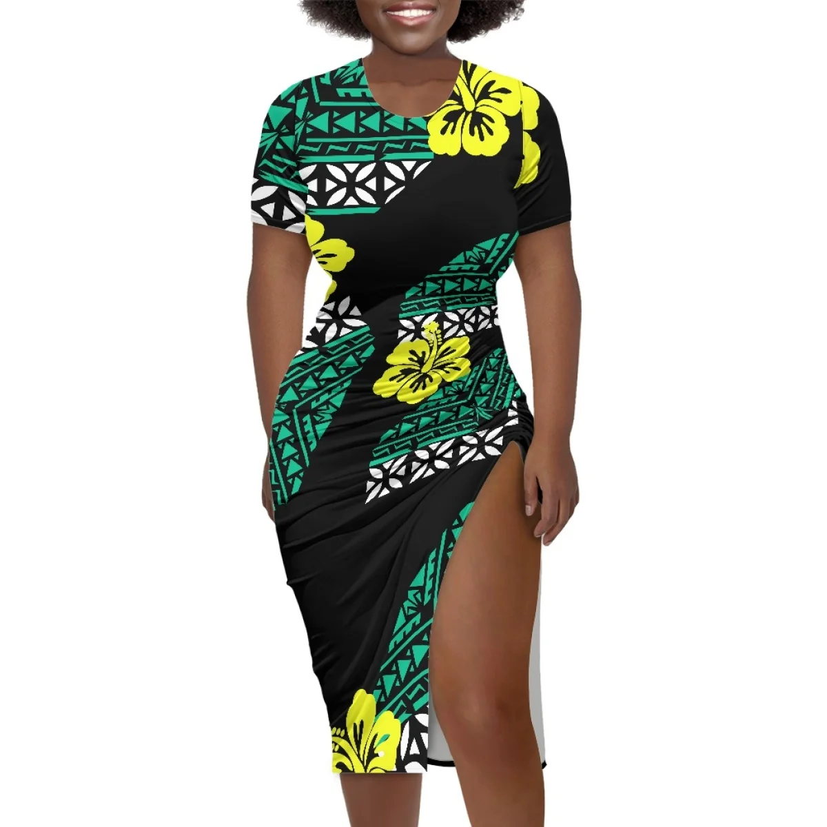 

Summer Islander Women Polynesian Tribal Clothing Hawaiian Samoan Tongan Tapa Print Short Sleeve Slit Ruched Bodycon Dress