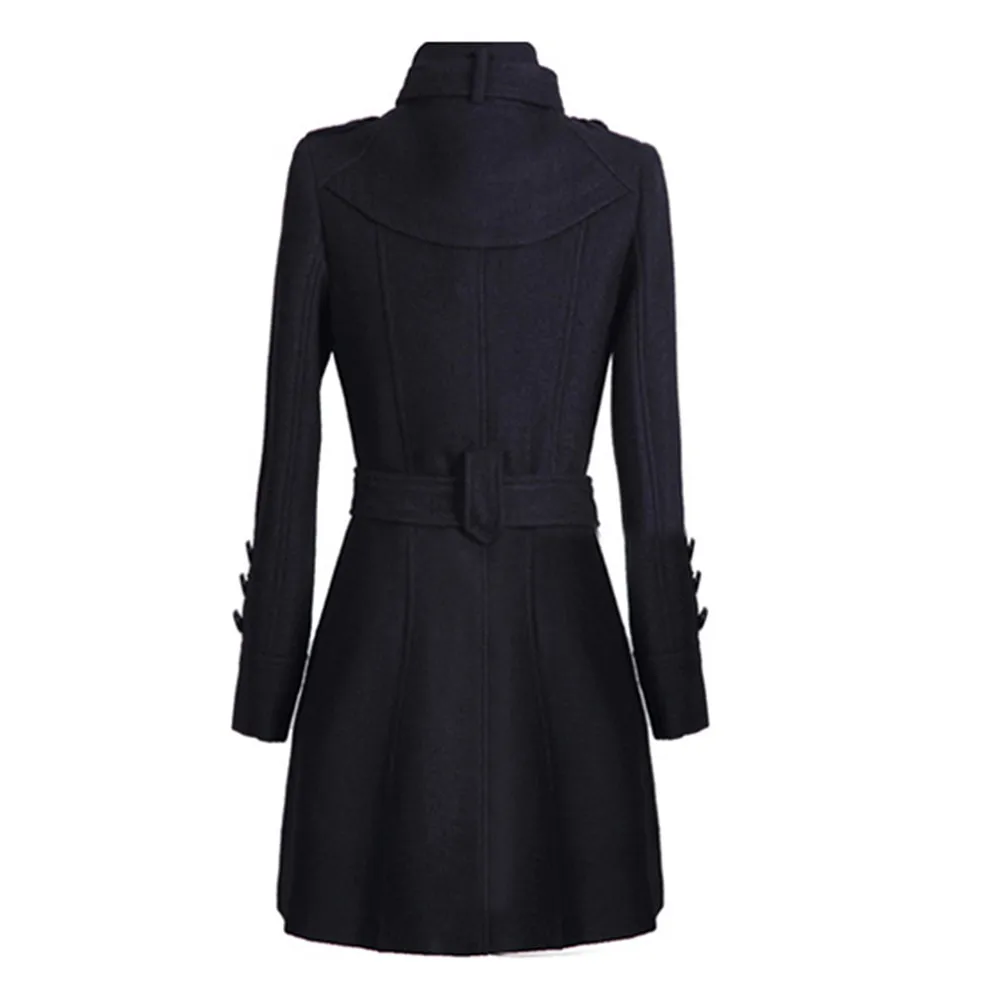 Elegant Women Trench Coat Fall Winter Korean Lapel Double-Breasted Jacket Midi-Length Windbreaker Black Wool Coat With Waistband