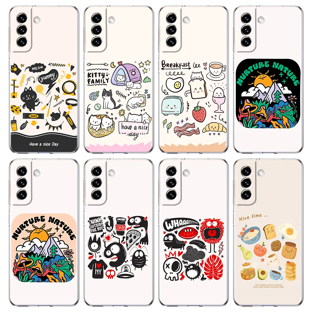 Phone Case For Samsung Galaxy S26 S25 S24 Plus S23 FE S22 S21 S20 Ultra 5G S10 Soft Clear Cover Art Doodle Cute Dog Kitten Cat