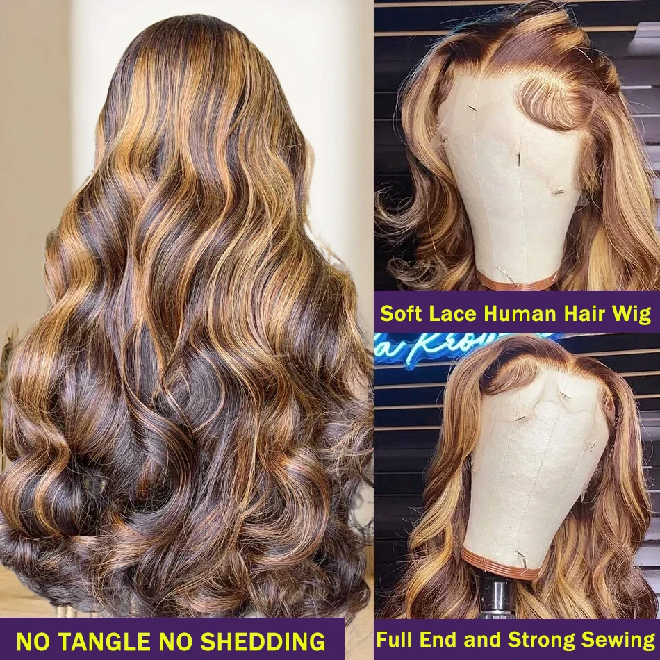 13x4 HD Highlight Ombre Body Wave วิกผมผมมนุษย์ 4/27 สีบลอนด์วิกผมสีน้ําตาล 13x6 ลูกไม้ด้านหน้าวิกผมสีผมมนุษย์สําหรับผู้หญิง