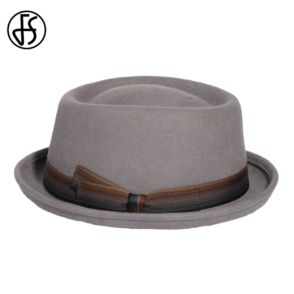 FS 2023 Roll Brim Pork Pie Hats Fashion Men Women Gray Jazz Hat Gentlemen Wool Fedoras Church Panama Cap Gorras Para Hombres