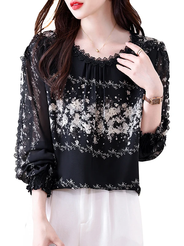 التخسيس الدانتيل طباعة هملين irt للنساء Ele خمر ربيع الخريف جديد Sle الأزهار منقوشة طويلة Sve جولة Ne أعلى