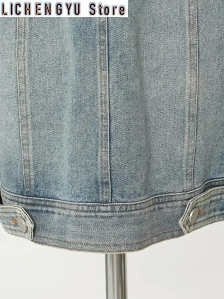 Loose Fit Black Denim Color-block Long Jacket New Lapel Long Sleeve Women Coat Fashion Tide Spring Autumn