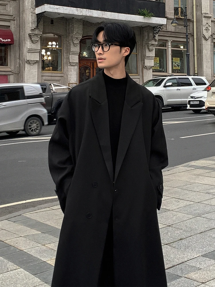 

Briti Sle Men's Bla Coat Jaet Spring Autumn Medium Length Haome Korean System Trendy Cotton Pure Color Long Coat