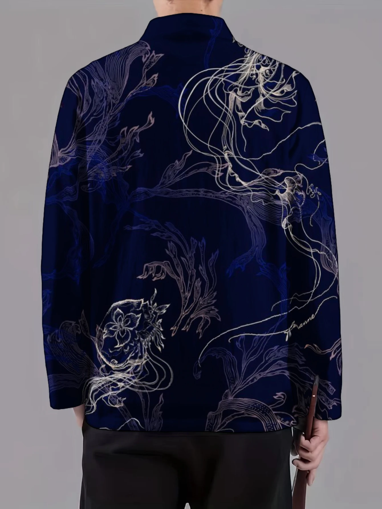 Men Mandarin Collar Frog Button Long Sleeve Jacket Chinese Traditional Floral Bird Dragon Line Art Print Casual Outerwear