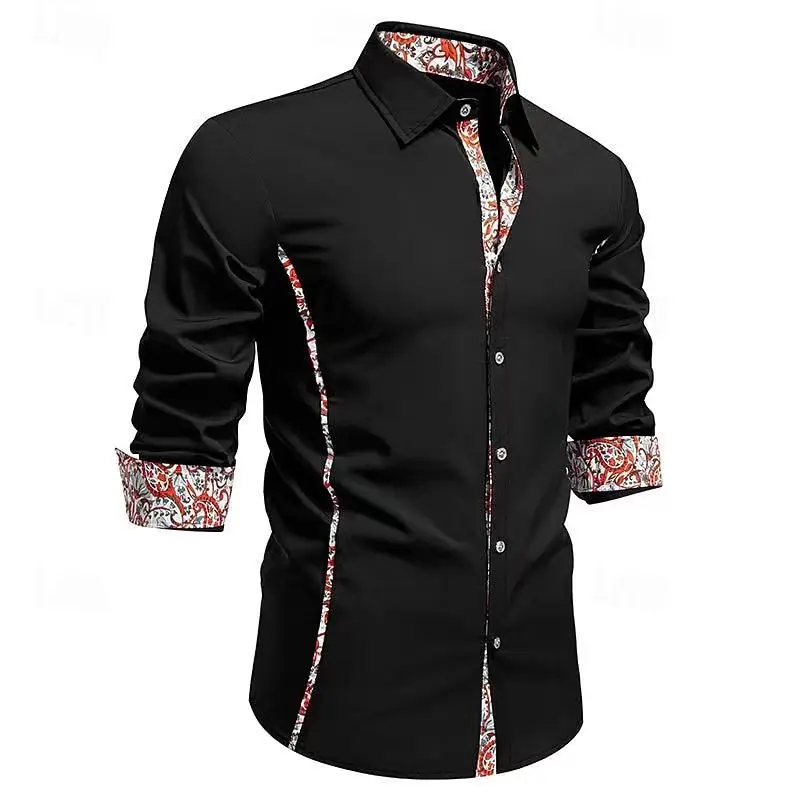

New stylish men's patterned collar shirt, casual color-blocked long-sleeved shirt, business wedding dress shirt.