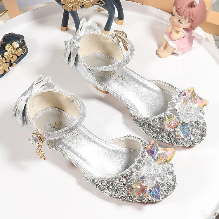 Girls Princess Shoes Performance Crystal Shoes Summer Children High Heels Model Walking Show Performance Leather