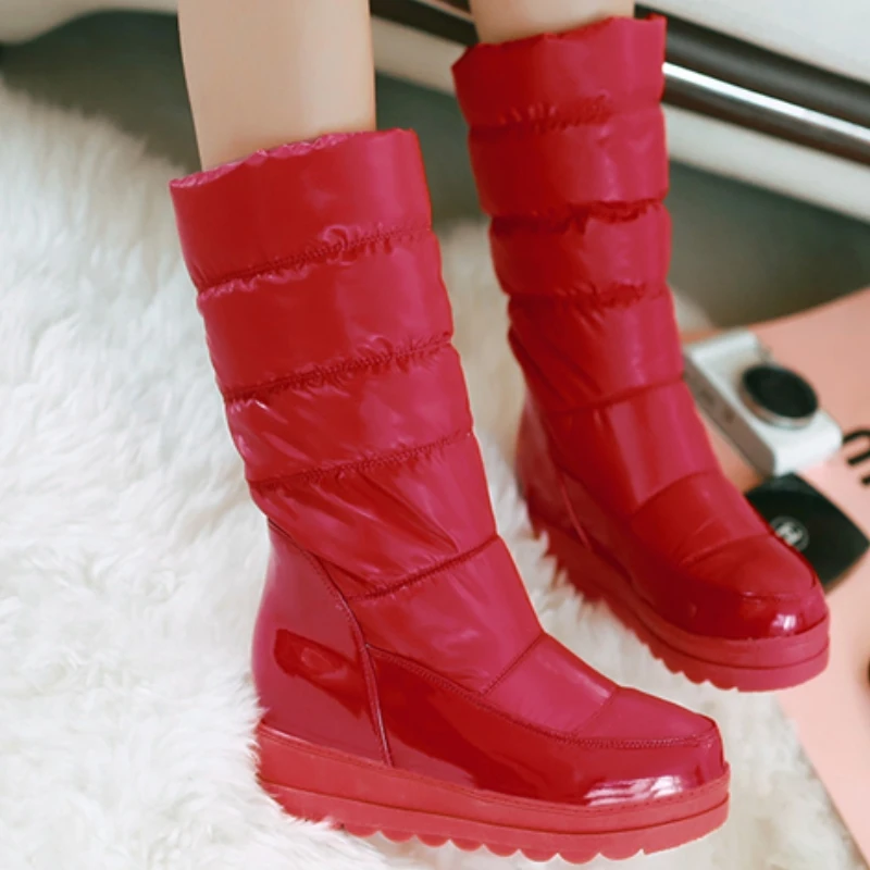 White Women's Winter Snow Boots 2024 Black Red Warm Fur Plush Mid-calf Boot Wedge Low Heels Fashion Long Shoes Girls Waterproof - view 3