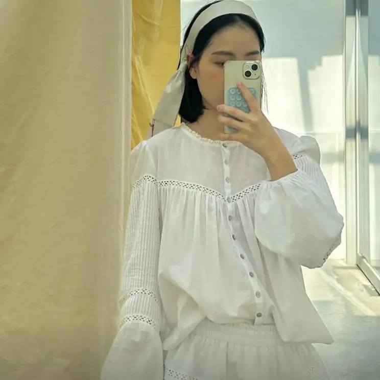 Faven Lace Trimmed Ruffle Bubble Sleeve Shirt Half Skirt Set round Neck Women's Cotton Korean Style Spring Collection