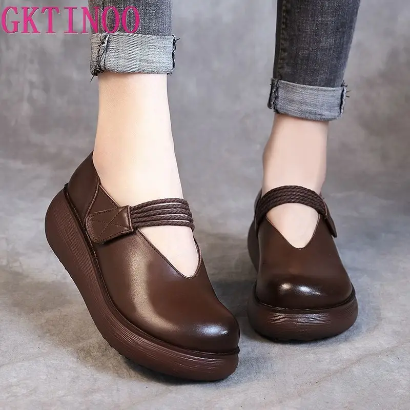 GKTINOO Genuine Leather Flat Platform Shoes For Women Retro Thick Heel Wedges Handmade Casual Shoes Leisure Ladies Platform Shoe