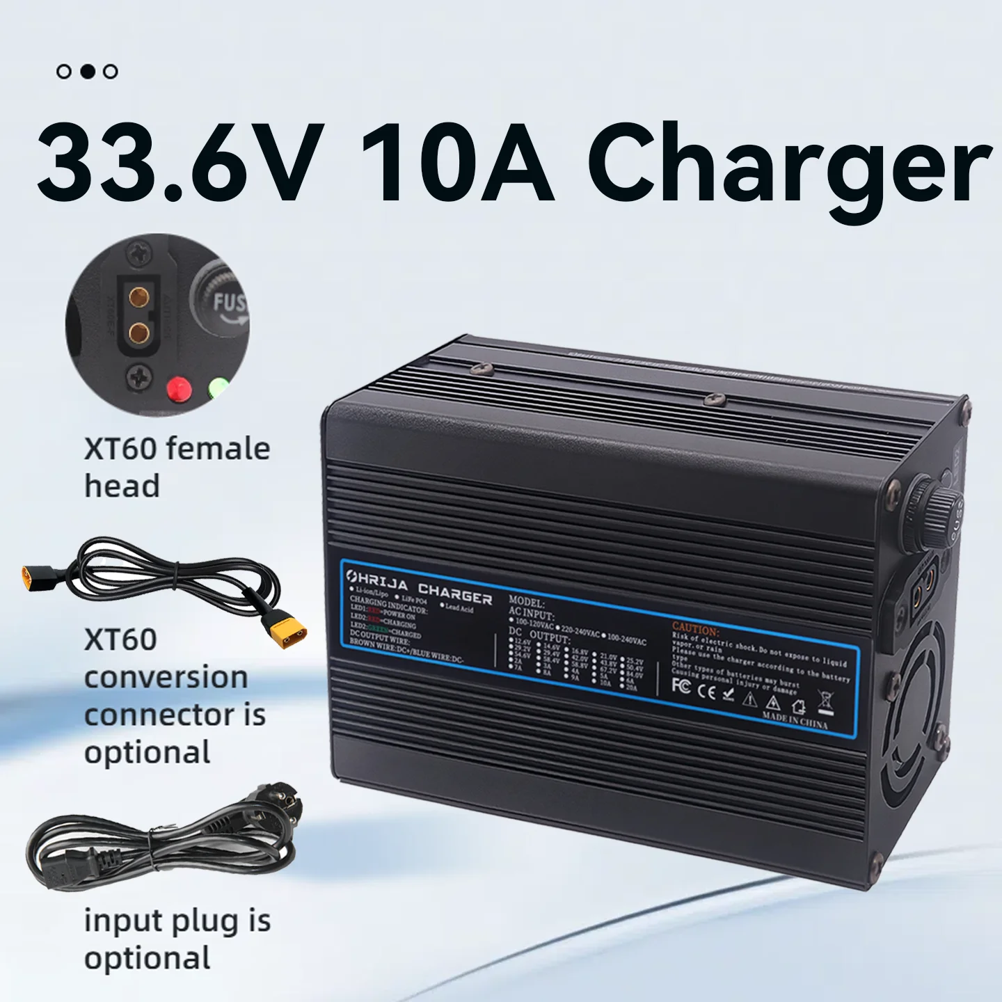 

OHRIJA 33.6V 10A charger quick aluminum shell suitable for 8S 29.6V Li-ion Battery Charger detachable connector plug is optional