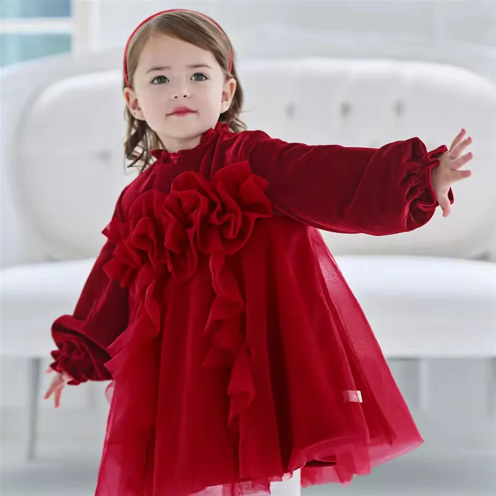 

Нежное бархатное красное платье для девочек на свадьбу, платье принцессы для девочек на день рождения, платье для особых случаев с толстыми длинными рукавами