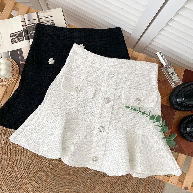 

Tweed Skirt Women High Waist Skirts Single Breasted Fashion Women Zipper Sequined Sashes Mini Skirt