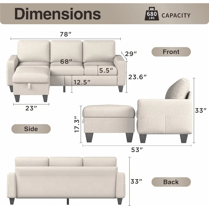 Sunre Coast Sectional Sofa Couch L-Shaped Sofa Modern Linen Fabric 3-Seat Couch with Convertible Storage Ottoman Beige Living