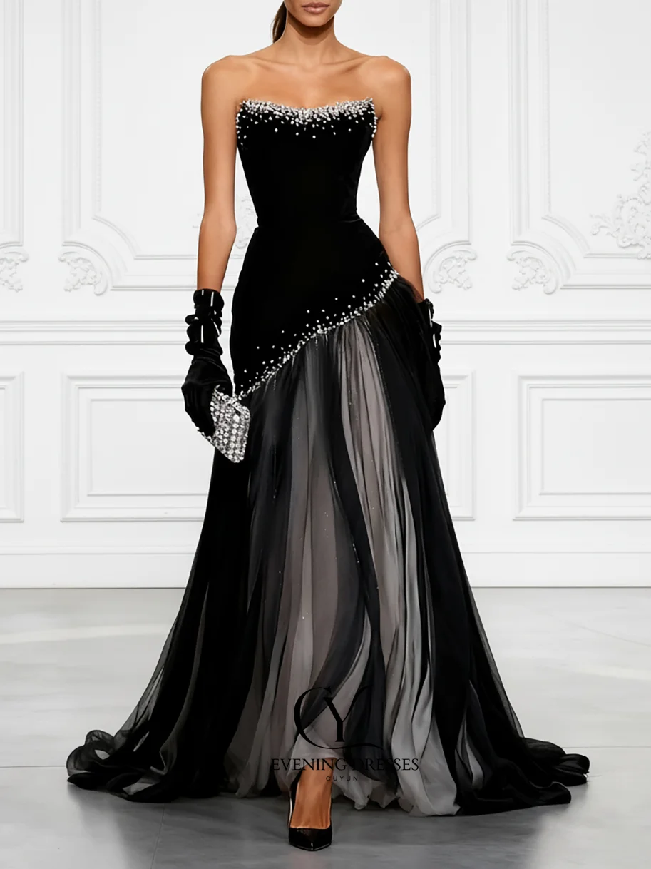 Suknia wieczorowa CUYUN, czarna, bez ramiączek, luksusowa, zdobiona koralikami, fason A-line, suknia balowa, elegancka, formalna, na specjalną okazję, szyta na miarę.