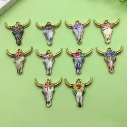 10pcs 21*22mm Enamel Printed Bull Head Design Charms Alloy Animal Pendants For DIY Bracelet Necklace Jewelry Making Accessories
