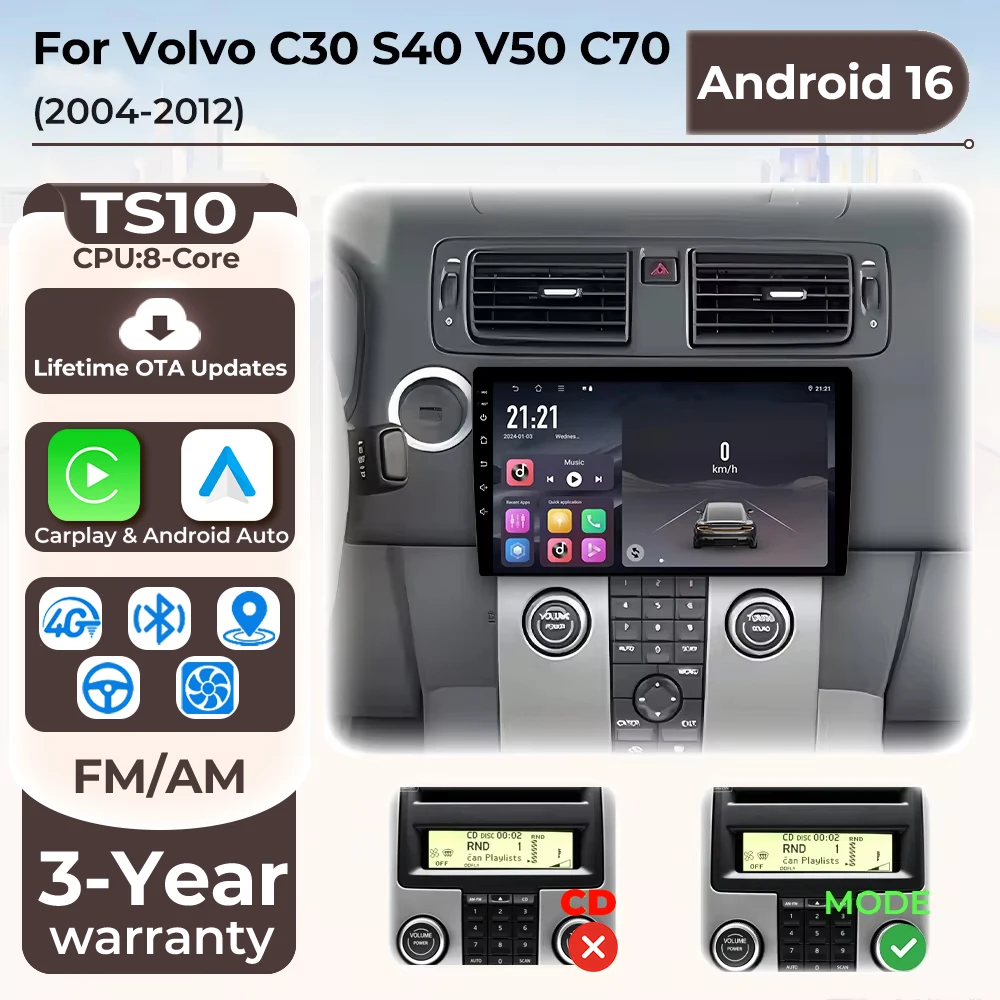 Carplay Screen Car Radio For Volvo C30 S40 V50 C70 2004 2005 2006 2007 2008 - 2012 Android Auto BT Stereo Car Multimedia Player