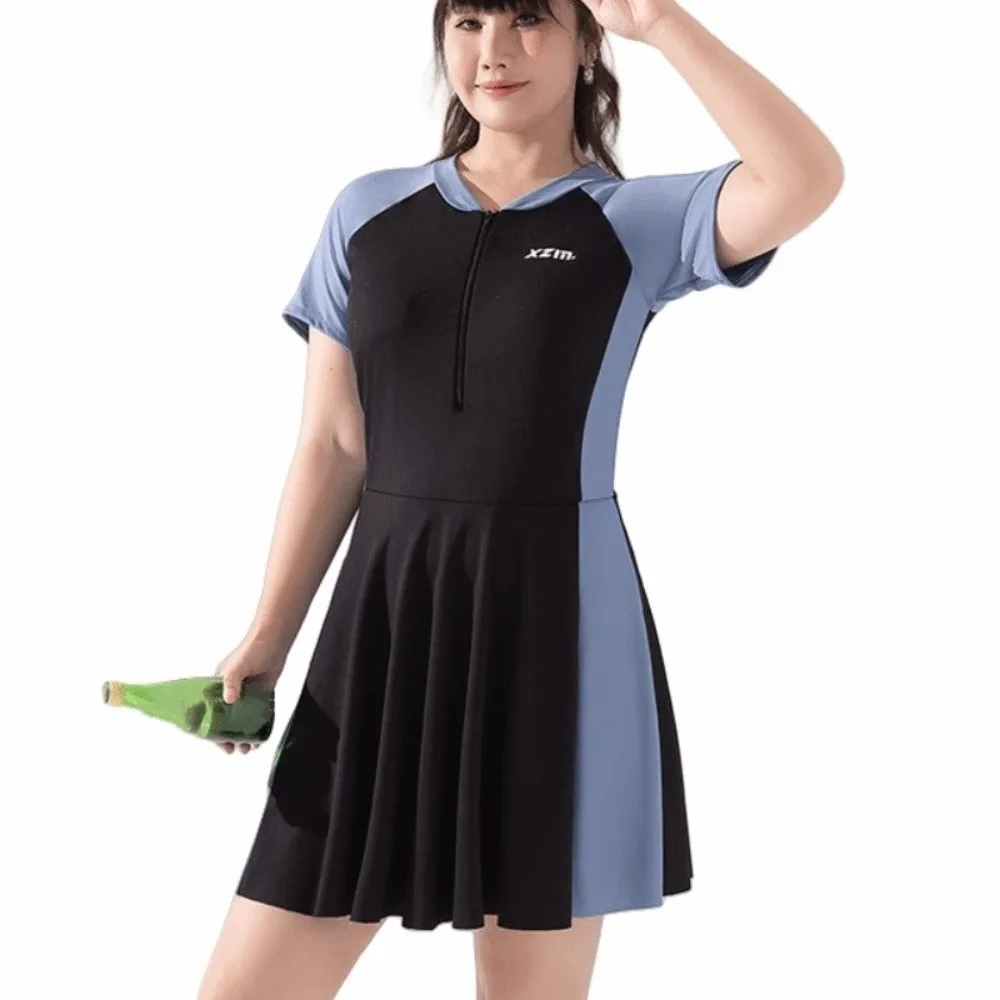 

Beachwear Short Sleeve Swimsuit Sun Protection Beachwear Clothings Women Bathing Suit Blue Green Loose Bikini Swimwear Skirt