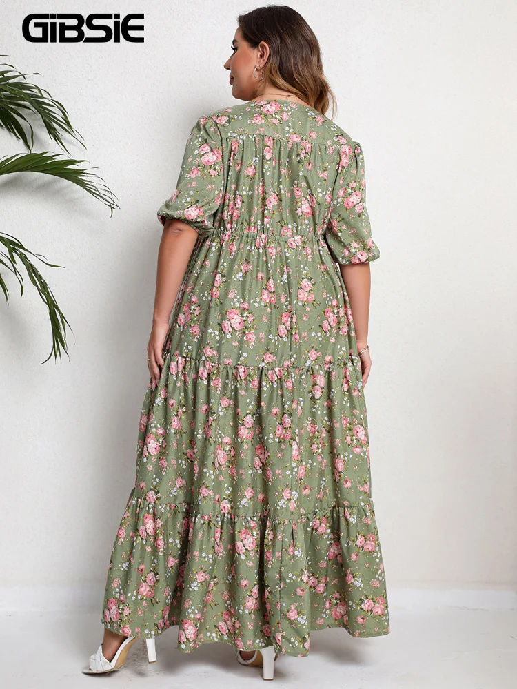 GIBSIE Plus Size Floral Print Knot Front Ruffle Hem Summer Dress Women Vacation Boho Puff Sleeve Split A-line Maxi Long Dresses