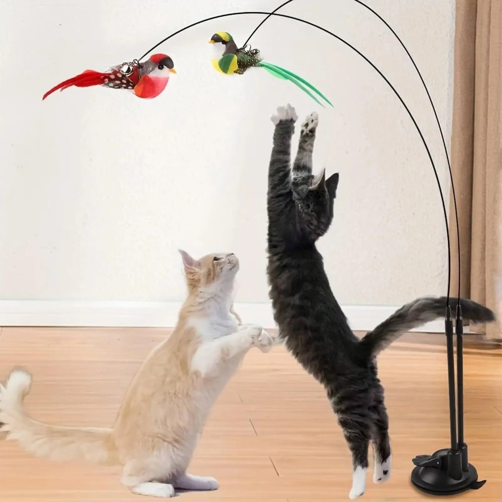 Simulierter Vogel-Katzenspielstab mit Glocke, Saugnapf, Doppelstange, Katzenangel, langer Stab, 2 Vögel, zum Necken der Katze, Katzenspielzeug